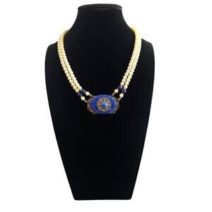 Vintage Double Strand Faux Pearl‎ Blue Stone Filigree Center Pendant Necklace